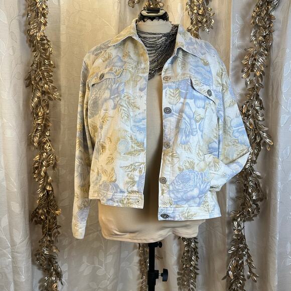 Bill Blass 1X Floral Linen Jacket Women Beige‎ Blue Button Down Y2K Boho - Picture 10 of 14